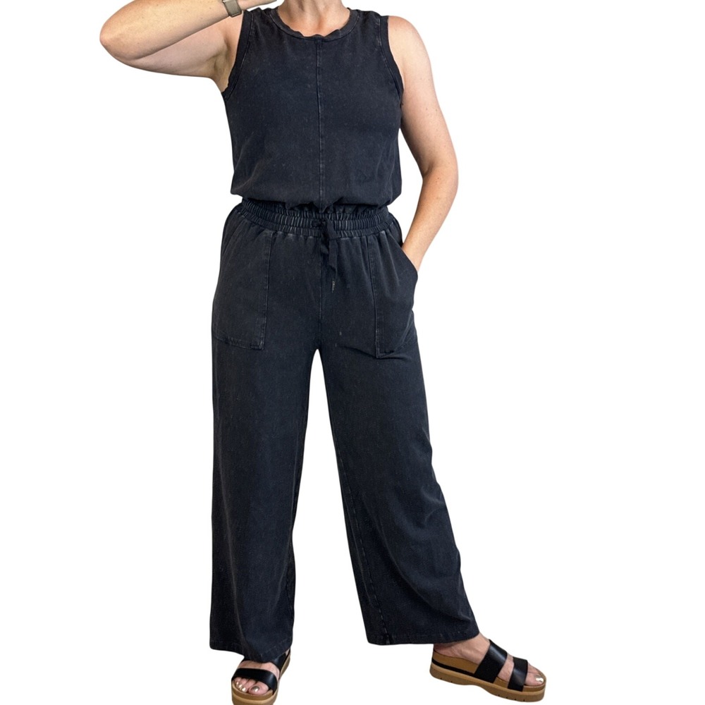 Evereve Naomi Wide Leg Sleeveless Jumpsuit Size S Wash Black Cotton Knit Pockets